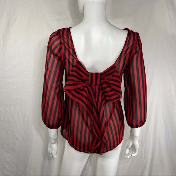 Live 4 Truth Red & Black Striped Sheer Bow Back Blouse - Picture 4 of 8